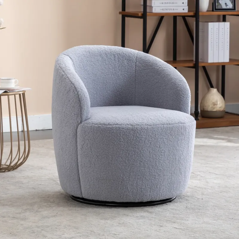 Light Grey Teddy Fabric Swivel Barrel Armchair
