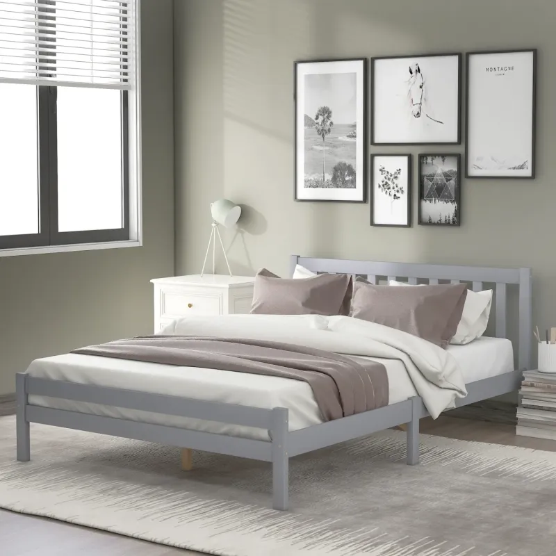 Solid Pine Bed Frame, Double, in Grey, with Slatted Base