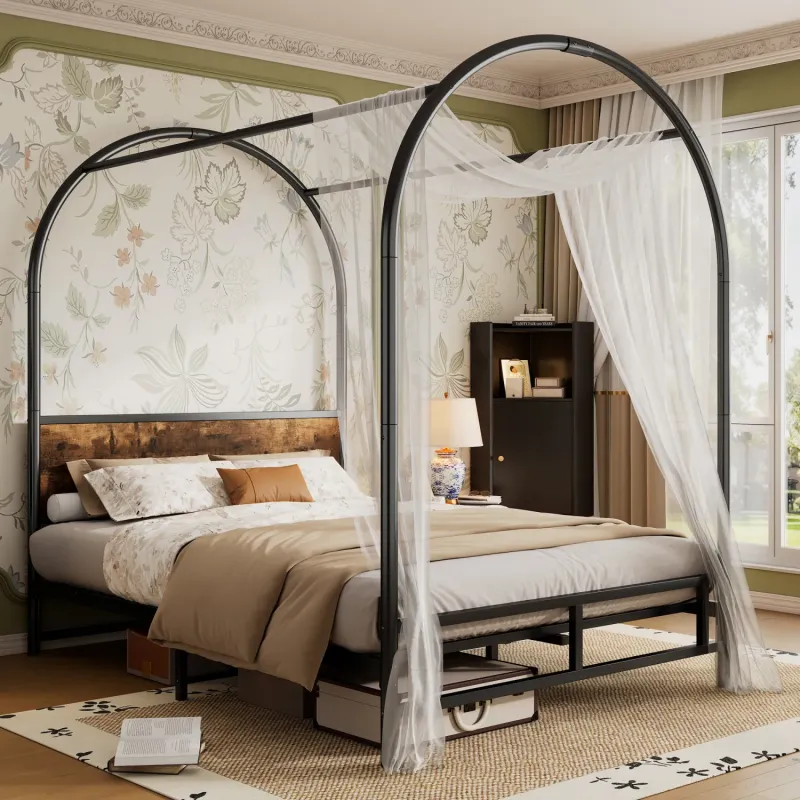Metal and MDF Canopy Bed, Double, in Black and Wood, with Integrated Slats and Under-Bed Storage