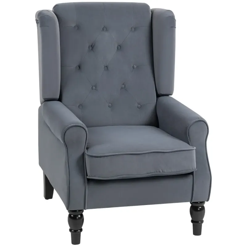 Grey Velvet-Feel Wingback Accent Chair with Button Tufting