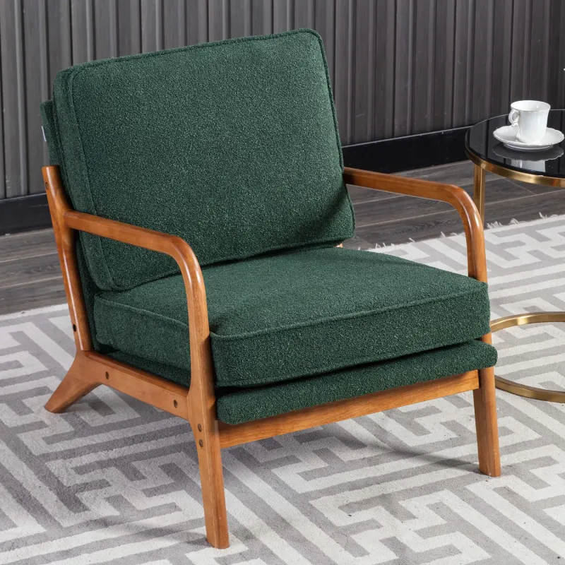 Mid-Century Modern Emerald Boucle Accent Chair with Solid Wood Frame