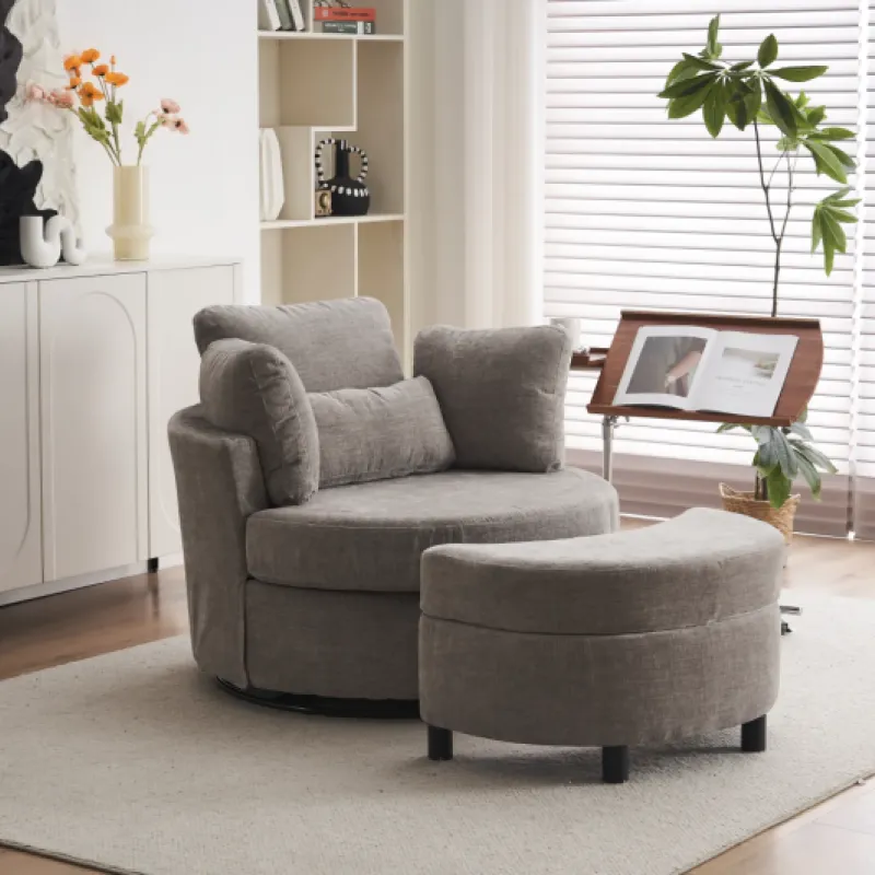 Chenille Swivel Snuggler Chair with Matching Crescent Footstool