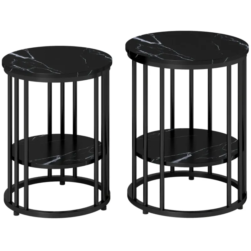  Set of 2 Marble-Effect Coffee Tables with Storage Shelves - Black