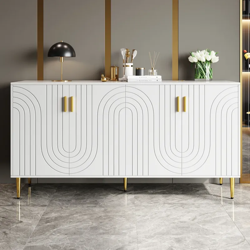 MDF Sideboard, 152cm in White, with Wave Design and Gold Accents