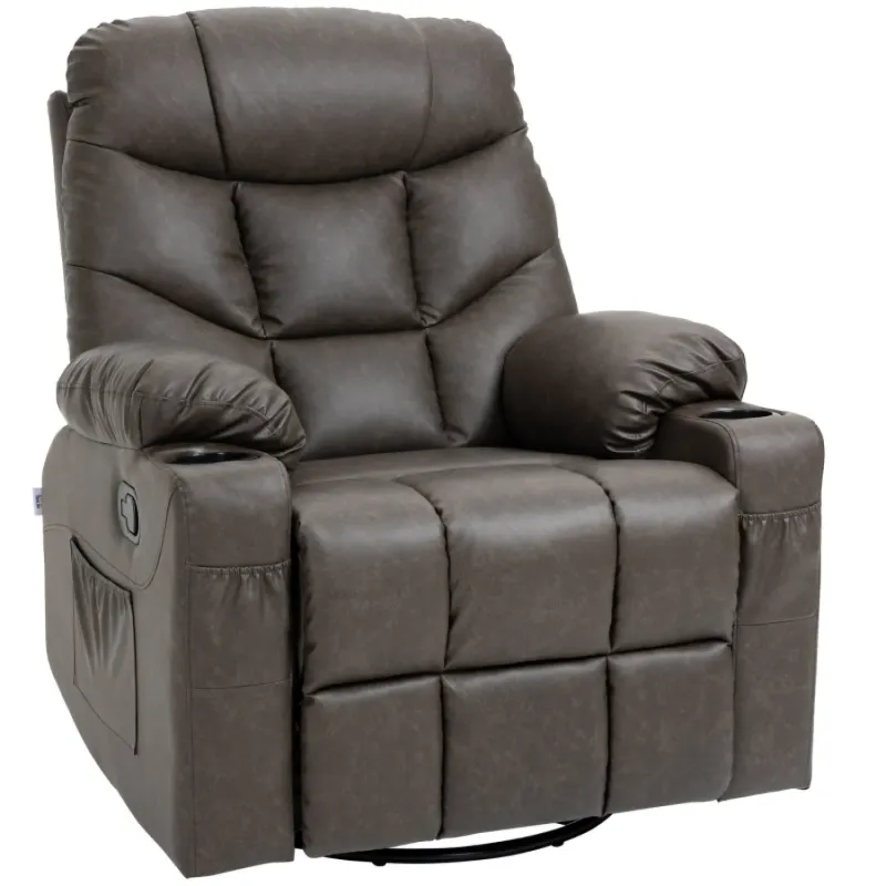 Brown Faux Leather Manual Reclining Swivel Armchair with Cup Holders