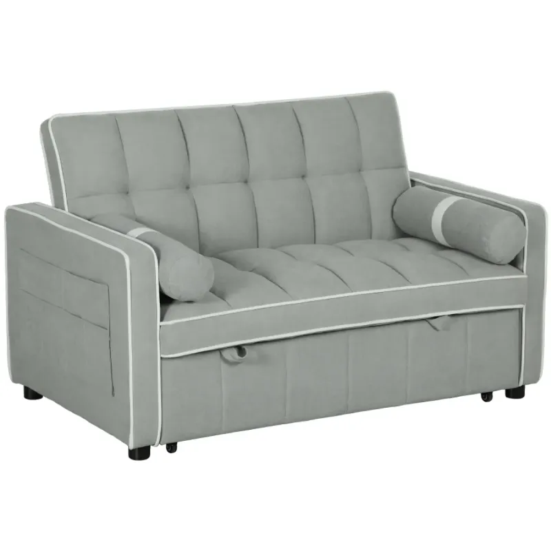 2-Seater Linen-Look Pull-Out Sofa Bed with Reclining Back - Light Grey