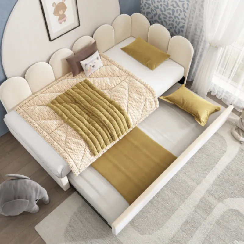 Upholstered Velvet Daybed with Pull-Out Trundle, 3FT Single Guest Bed - Beige