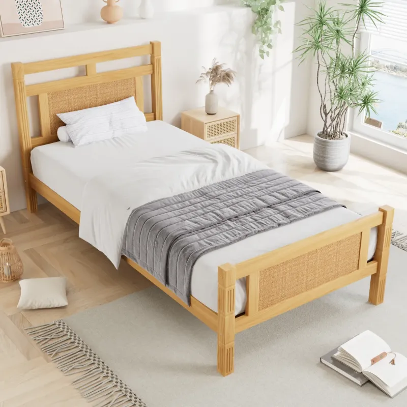 Single Wooden Bed Frame with Rattan Effect Detail - Natural Timber