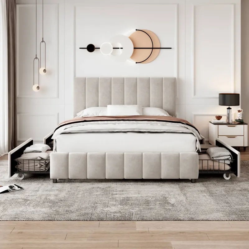 Double Upholstered Velvet Bed in Beige, with 4 Storage Drawers and Adjustable Headboard