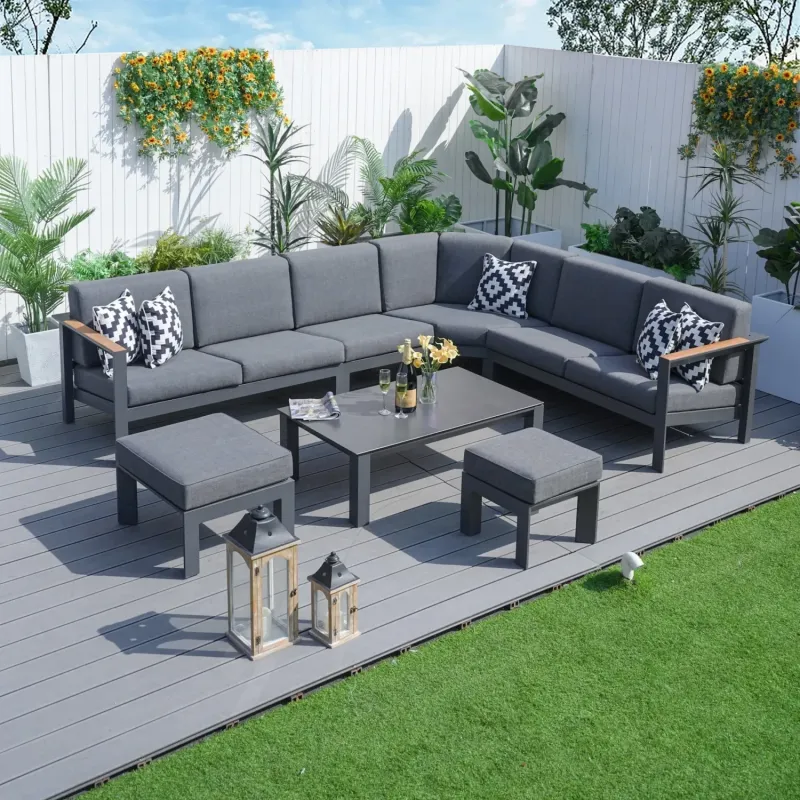Arve 5-Seater Modular Aluminium Garden Corner Sofa Set with Teak Armrests & Coffee Table - Carbon Black