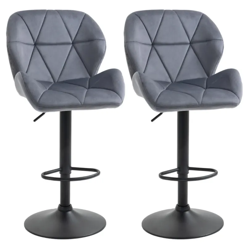 Set of 2 Dark Grey Adjustable Swivel Bar Stools with Backrest and Footrest
