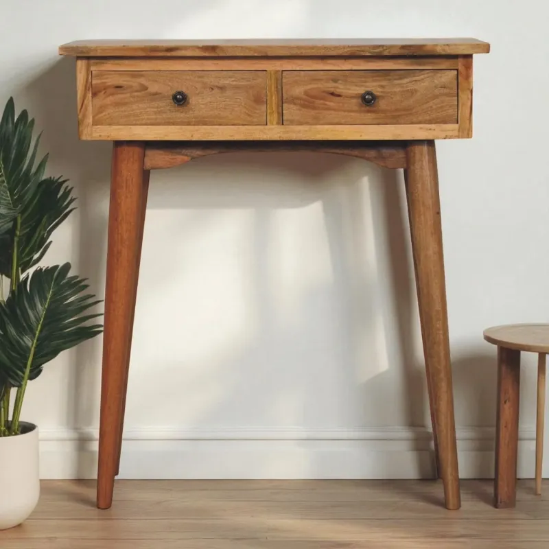 Solid Mango Wood Curved Console Table with 2 Drawers - Oak-ish Finish