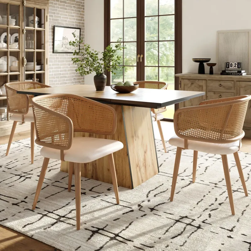 Set of 4 Modern Dining Chairs with Rattan Backrest and Beige PU Leather Seat