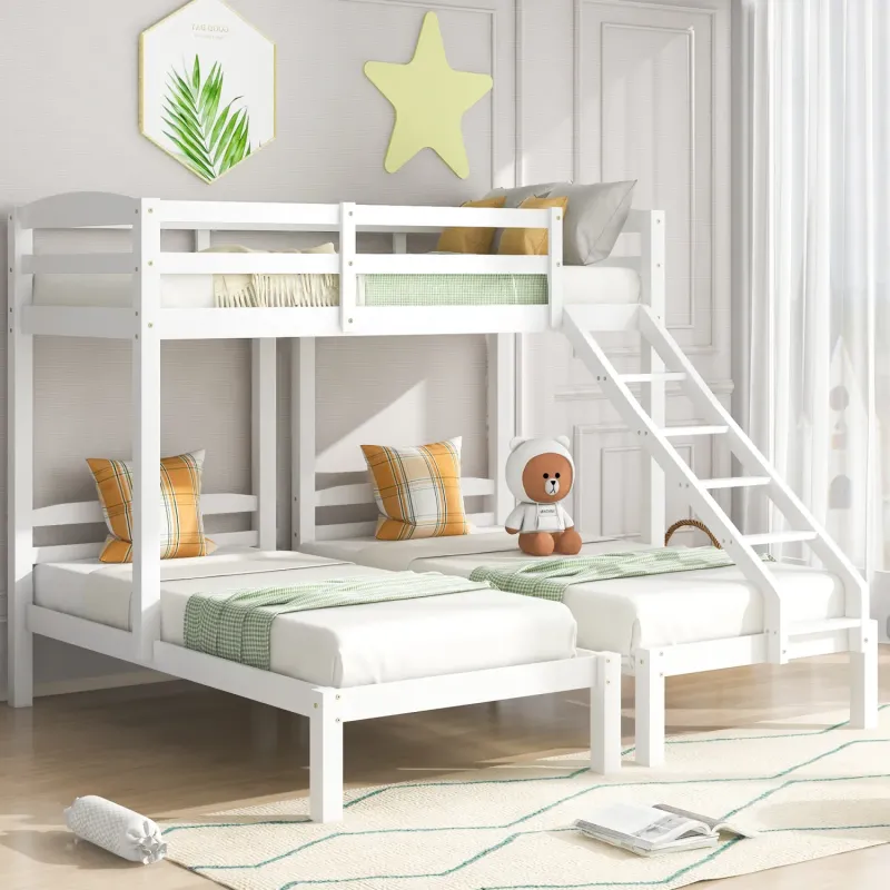 White Solid Pine Triple Sleeper Bunk Bed with Side Ladder
