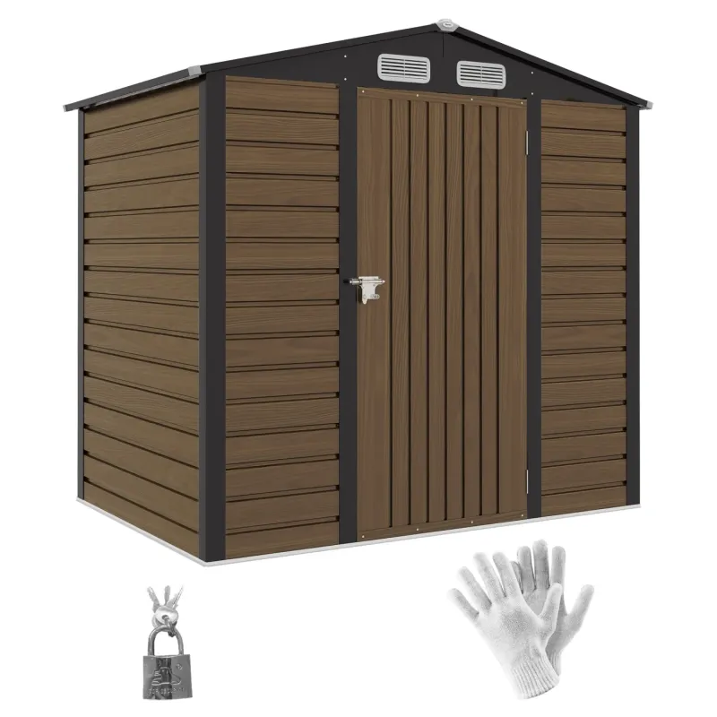  4 x 6ft Galvanised Steel Garden Shed with Horizontal Panels & Lock - Oak Effect