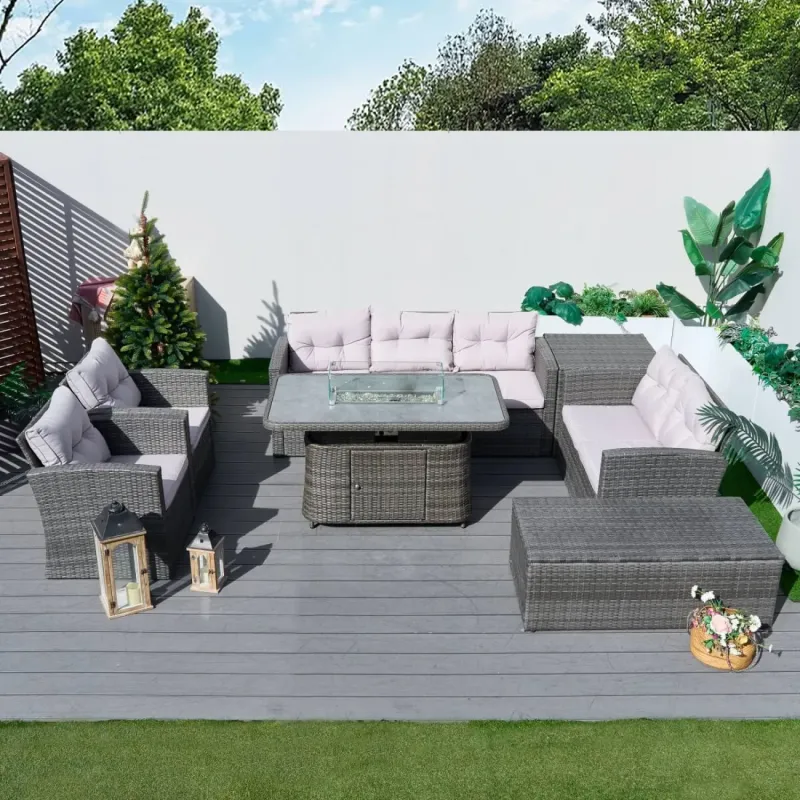 Rattan Garden Sofa Set, 7 Seater Set, in Gray, with a Rectangular Table & Height Adjustable Fire Pit