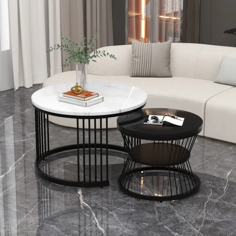 Round Coffee Table Set, Marble-Effect in White and Black