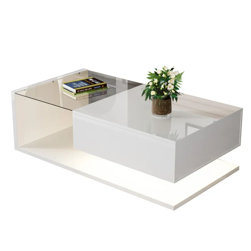 Modern High Gloss White Coffee Table with 16-Colour LED Lights and Glass Top