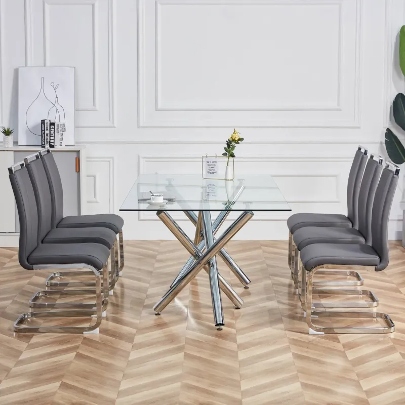 Set of 4 Grey Faux Leather Cantilever Dining Chairs with Chrome Frame