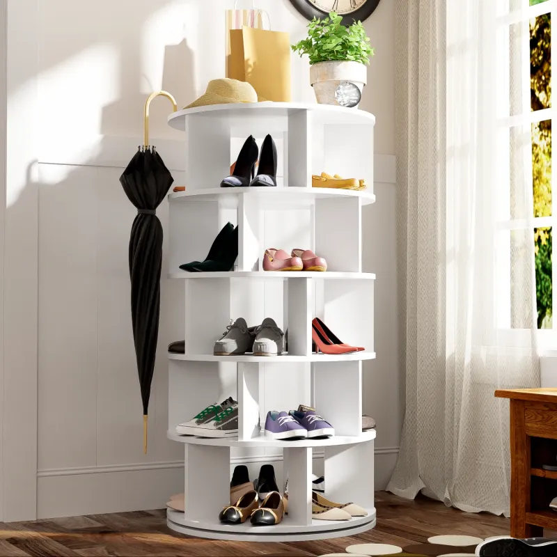 5-Tier Rotating White Shoe Rack - 115cm Round 360° Storage Organiser