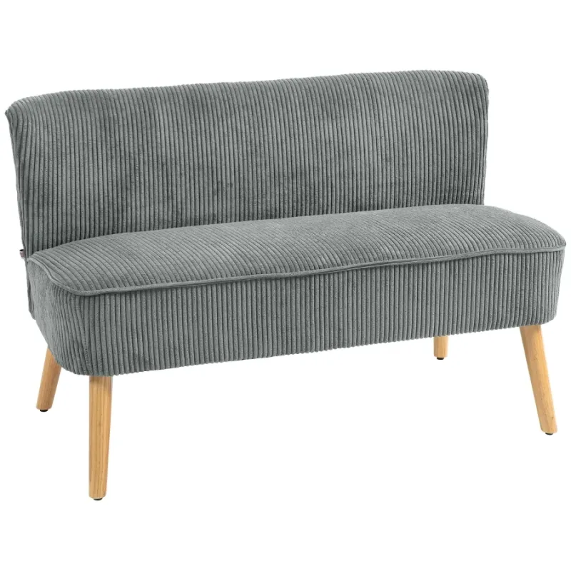  2-Seater Grey Corduroy Sofa with Pocket Spring Seats and Wooden Legs