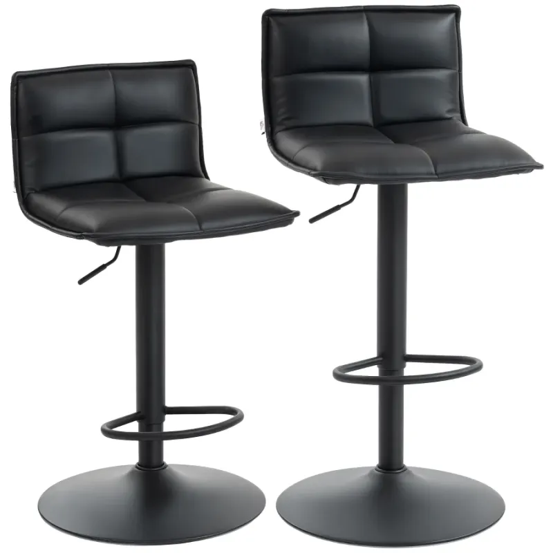  Set of 2 Faux Leather Swivel Bar Stools with Adjustable Gas Lift - Black