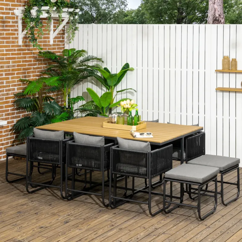  10 Seater Rattan Cube Garden Dining Set with 6 Chairs, 4 Stools and Wood-Effect Table - Black