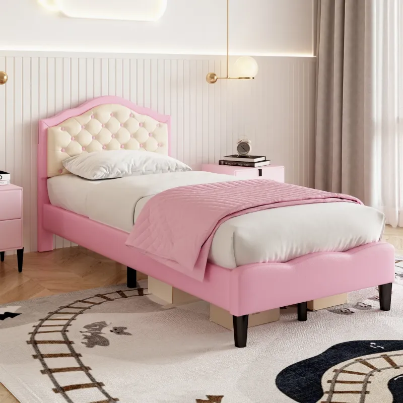 Single Upholstered Bed Frame with Adjustable Button-Tufted Headboard - Pink and Beige
