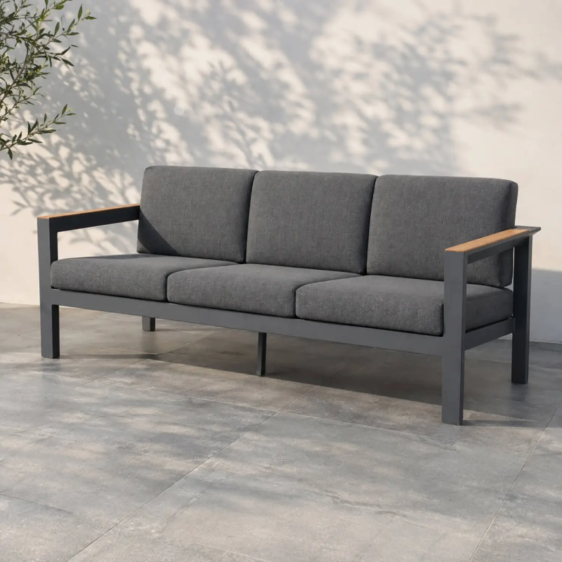 Arve 3-Seater Aluminium Garden Sofa with Teak Armrests - Carbon Black