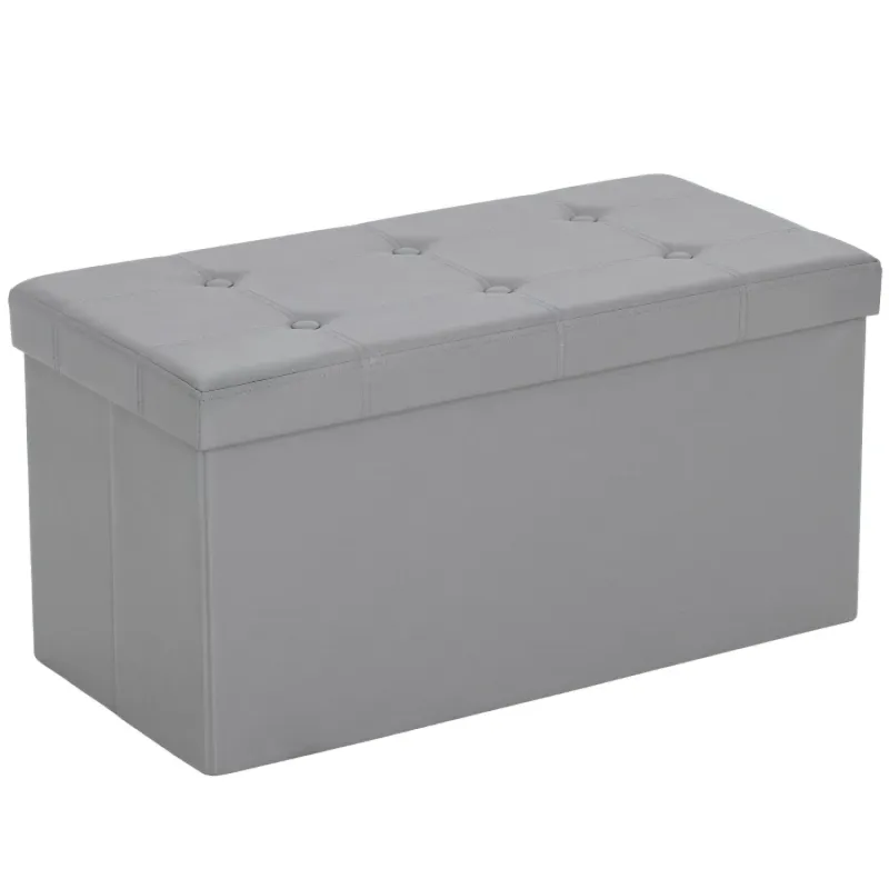  76cm Folding Storage Ottoman Bench - 89L Grey PU Leather Footstool