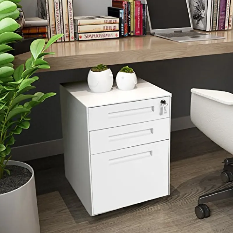 3-Drawer Metal Mobile Filing Cabinet - Lockable White Office Pedestal