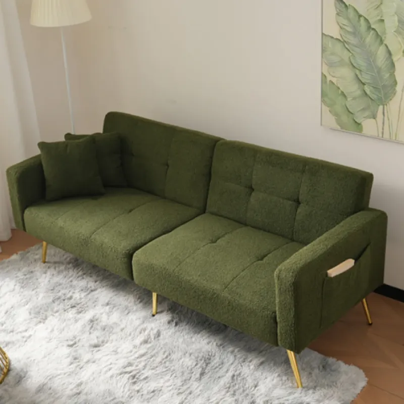 Green Sherpa 2-Seater Sofa Bed with Gold Legs and Side Storage Pockets