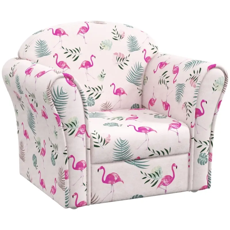 Kids Flamingo Print Armchair with Wooden Frame