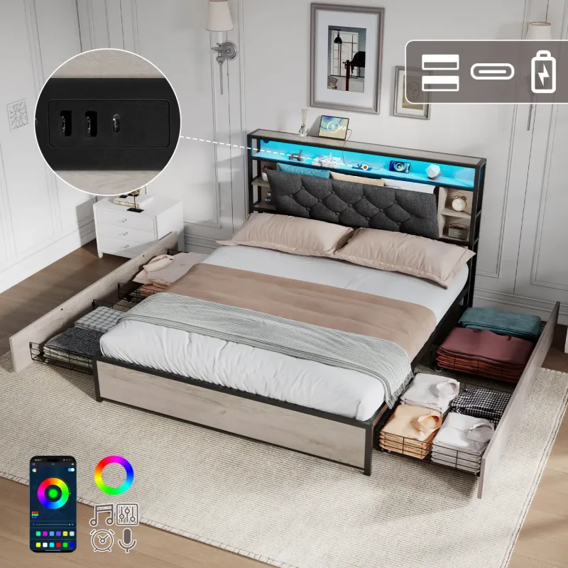 Double Upholstered Storage Bed with LED Headboard and Charging Station - Grey & Rustic Wood