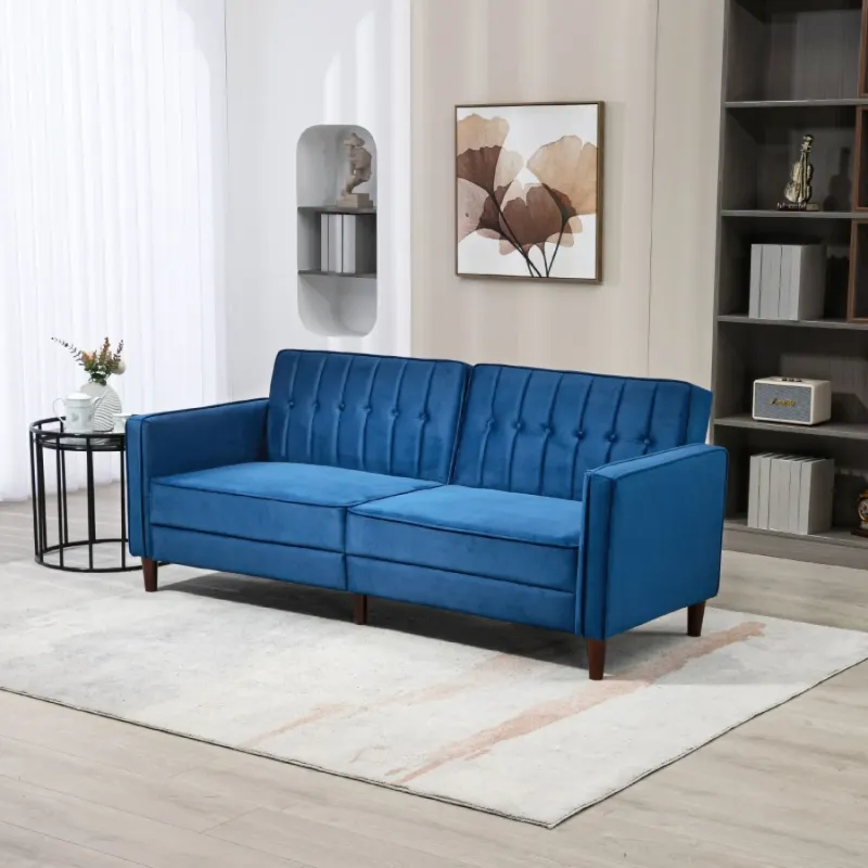  3-Seater Blue Velvet-Feel Click Clack Sofa Bed with Split Reclining Back