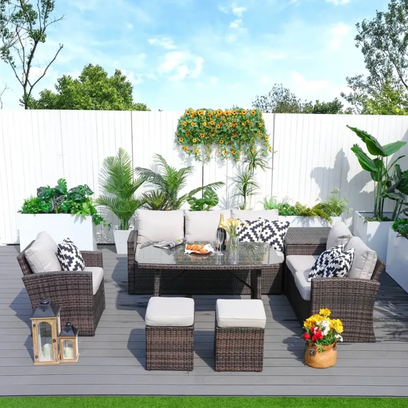 Santiago Rattan Outdoor Dining Set, 8 Seater Set, in Brown, with a Rectangular Table & Storage Box