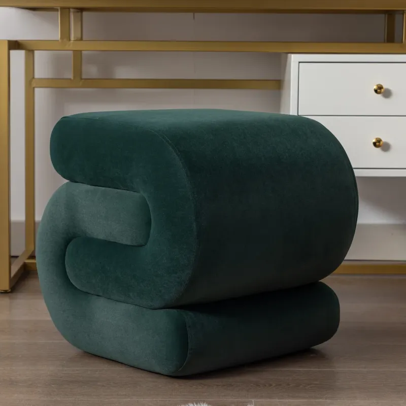 Green Velvet S-Shape Wavy Ottoman Stool