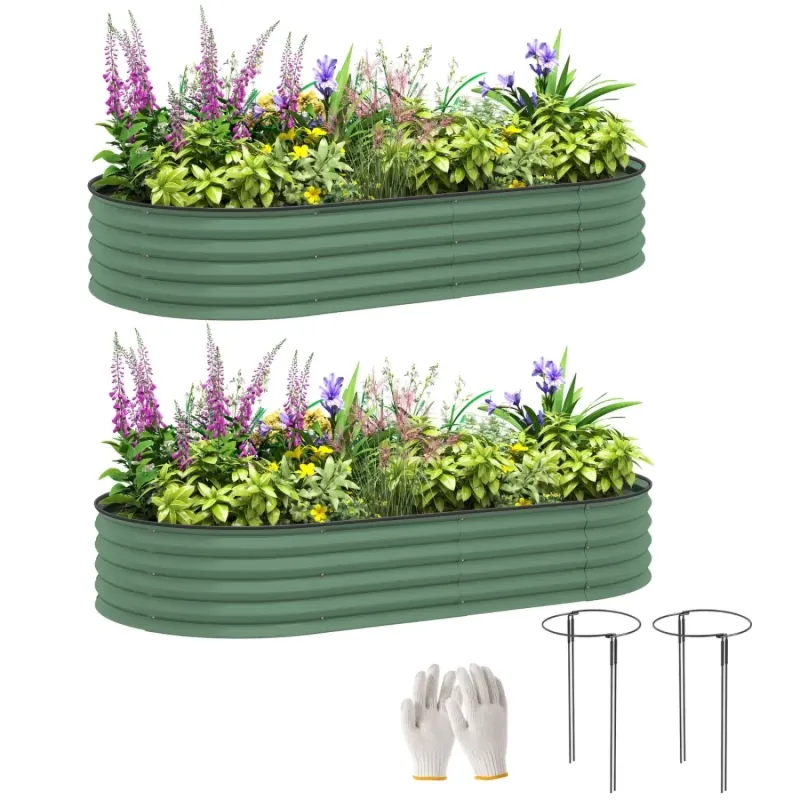 Set of 2 Galvanised Steel Raised Garden Beds, 181 x 93cm - Green