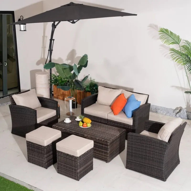 Naples 6-Seater Rattan Garden Sofa Set with Storage Coffee Table & Footstools, Grey