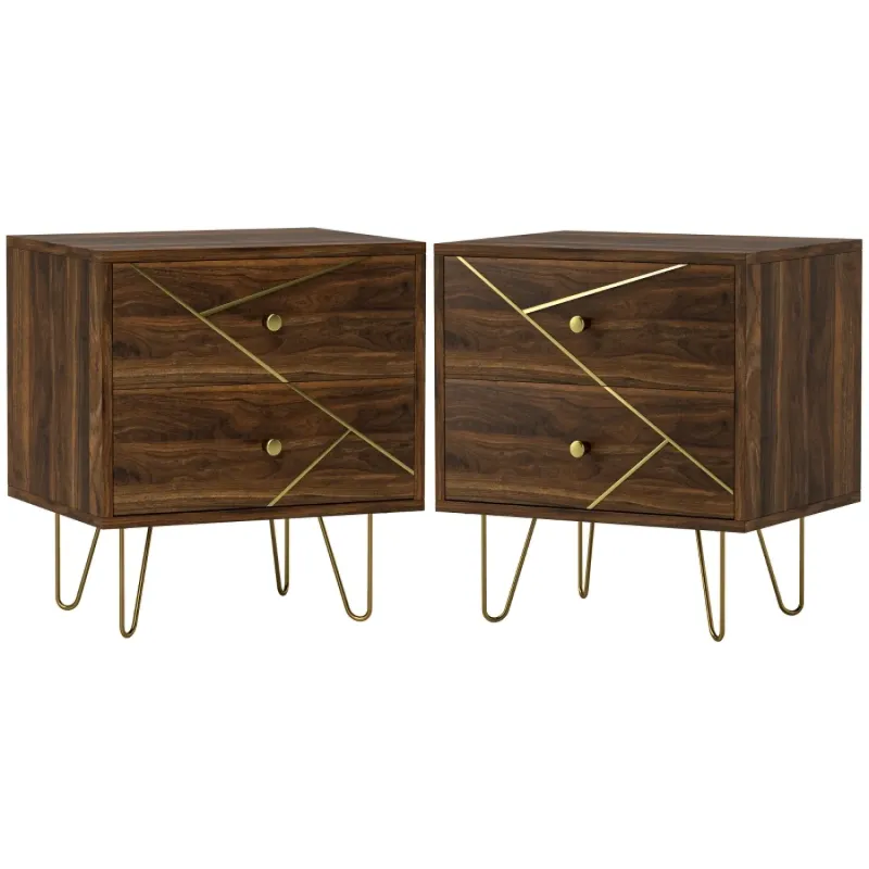Set of 2 Modern Bedside Tables with 2 Drawers and Gold Hairpin Legs - Brown Wood Grain