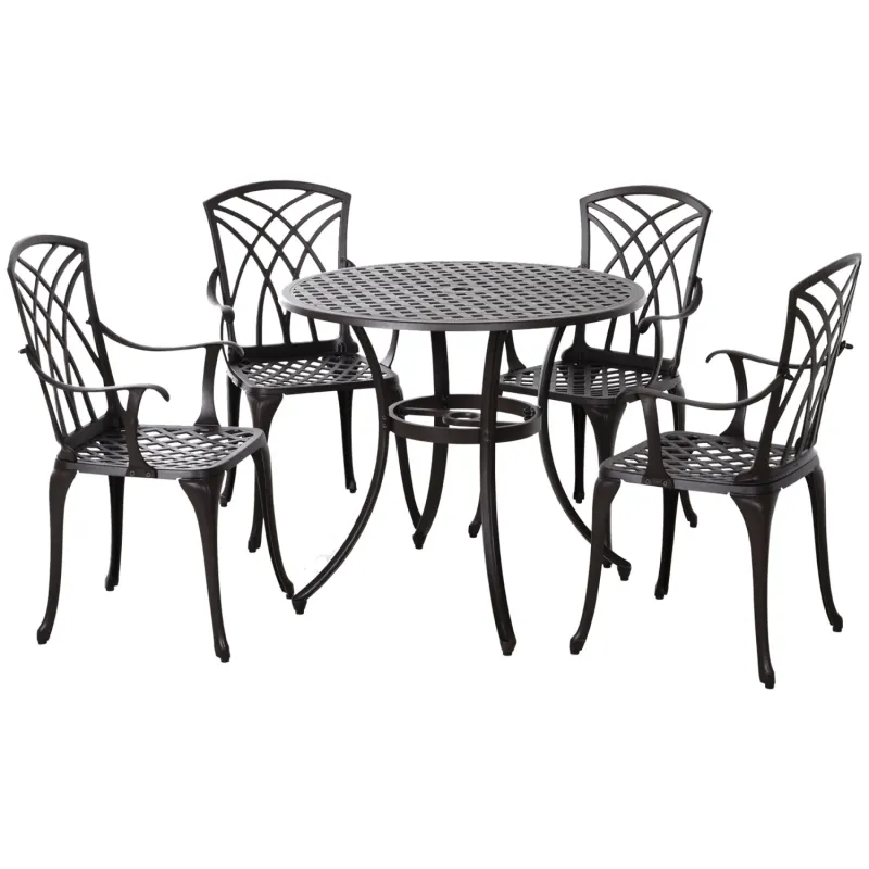  5-Piece Cast Aluminium Garden Dining Set – 4-Seater Round Patio Furniture with Parasol Hole, Brown