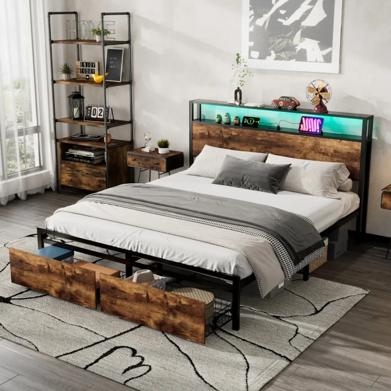 4ft6 Double Metal Bed Frame with LED Headboard, USB Charging Ports and 2 Drawers - Black & Walnut