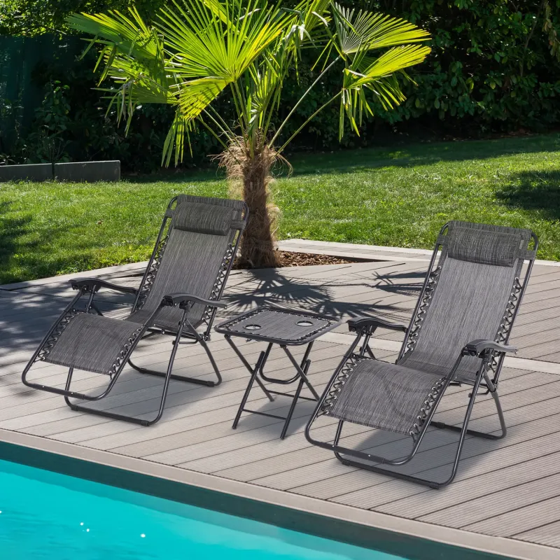  3-Piece Zero Gravity Sun Lounger Set with Folding Reclining Chairs and Side Table - Light Grey