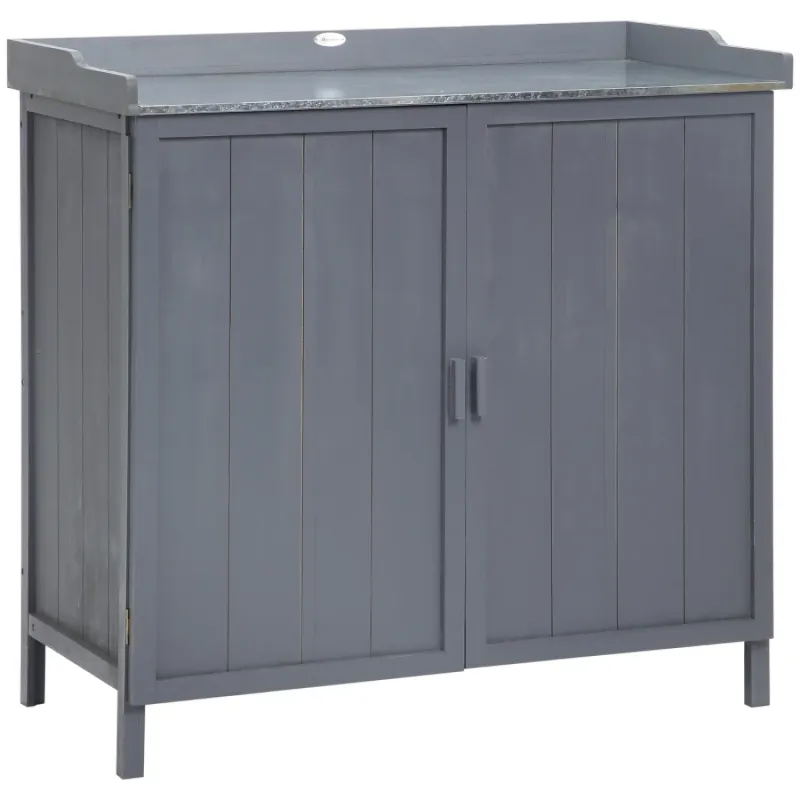 Outdoor Wooden Garden Storage Cabinet & Potting Bench with Galvanised Worktop - Grey