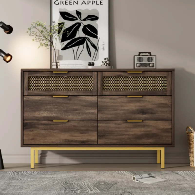 Dark Wood Grain 6-Drawer Sideboard, 120cm, in Dark Brown, with Metal Mesh Detail