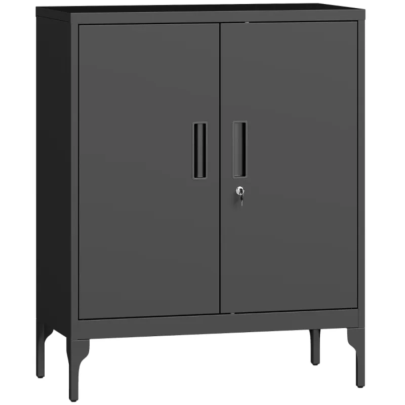  100cm Metal Storage Cabinet with Lockable Doors and 2 Adjustable Shelves - Black